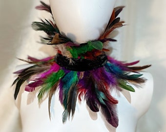 High Neck Rainbow Feather and Black Sequin, Collar, Neckpiece,