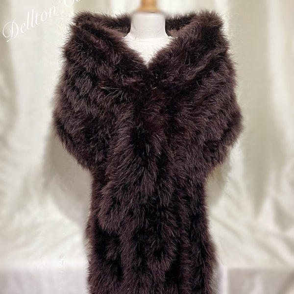 Vintage Style Feather Stole, Wrap Chocolate Brown 32 multi length Tails Luxury Marabou Feather Wrap Mink Style Tails. 1930,s 1920s, 1950s