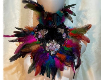 Rainbow Feather High Neck Lace Collar, Steampunk, Pride, Festival, Cosplay