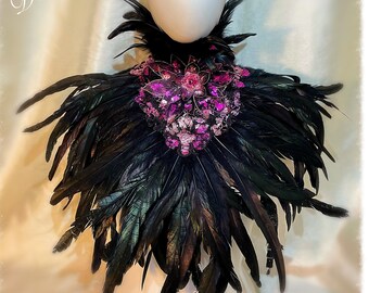 Pink and Black Feather High Neck Collar Performer, Steampunk, Pride, Festival, Cosplay, Costume,  performers