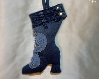 Pin Cushion, Denim Victorian Boot Hanging Decoration, Shabby chic, Victorian Style,