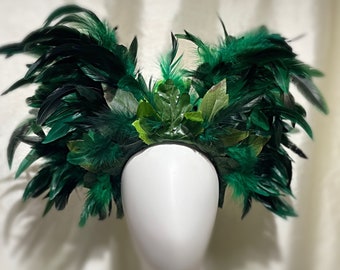 Green Leaf & Feather Headdress, Woodland Fairy Headdress, Festival Performer, Cosplay, Headpiece Green man, Forest Fairy, Green woman