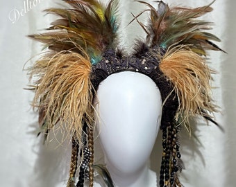 Tribal Feather Crown, Headpiece, Headband, Burning man, Festival One of a Kind. Unisex, Jungle, Shaman,