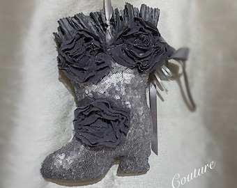 Silver Grey Matt Sequin Victorian Boot Hanging Decoration, Shabby chic, Victorian Style,