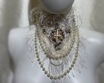Victorian Rococo Elizabethan Neck Ruff Cream Lace Collar: Pearl & Feather Trim