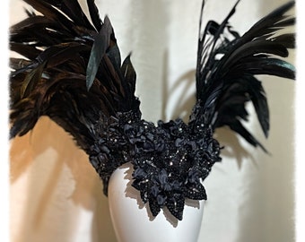 Black Wings Feather Headpiece, Whitby Goth, Devil Headdress, Festival Performer, Vampire, Halloween, Valkyrie, Wicked Queen, Evil Wings,