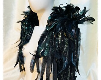 Emerald Green Sequin Rock Star Fringe with Black Feathers  Epaulettes, Gothic, Festival, Burning man, Performer