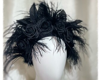 Black Rose and Ostrich Feather Headdress, Vampire, Whitby Goth, Halloween Headband.l
