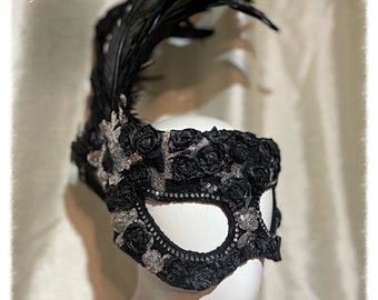 Black Feather and Sequin Lace Masquerade Mask, Venetian, Masquerade Ball, Burning man, Halloween, Day of the Dead