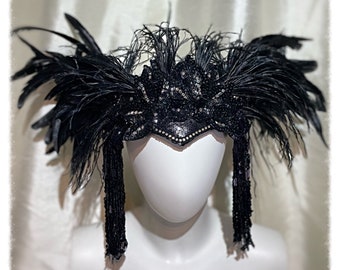 Black Feather and Sequin winged Headdress, Festival Performer, Photo shoot, Burning man, Halloween,