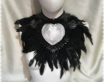 My Grey Heart Silver Lace and Black Feather Collar Glamorous, Necklace, Neckpiece, Victorian, Gothic, Steampunk