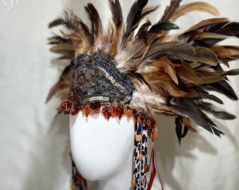 Tribal Brown  Feather Crown, Headpiece, Headband, Burning man, Unisex, Jungle, Shaman, Cosplay Size Medium