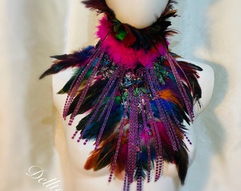 Rainbow Feather High Neck Multicoloured Foiled  Collar, Steampunk,Gothic, Pride.