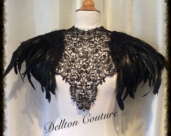 Large Black Lace And Feather Epaulettes Black Collar/Top Necklace Neckpiece Victorian Steampunk tattoo