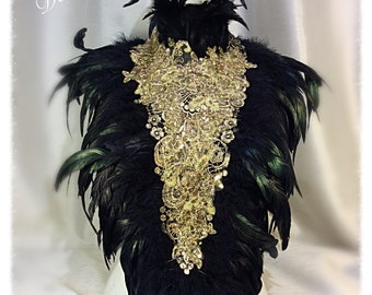 Large Regal Gold Lace and Black Lace Feather Collar.