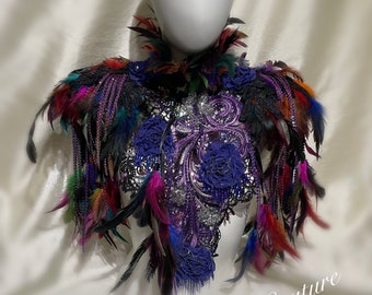 Black Lace and Rainbow Collar Feather Epaulettes Collar, Top, festival, Pride, Mardi Gras, Cosplay