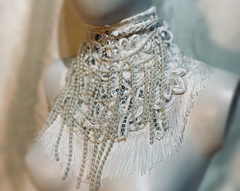 High neck pearl and lace statement polo necklace, pearl fringe Very pale Ivory or Off White