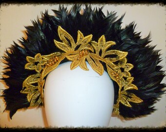 Black Feather & Gold Lace Halo Headdress, 1920, 1930, Crown, Burning man, Gothic