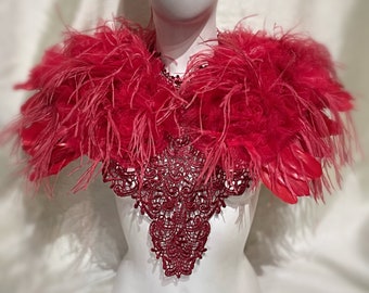 Red Rose and Ostrich, Feathers, Shoulder Top, collar,Cape Epaulets, Burning Man, Festival, Performer , Cosplay, Costume.