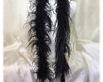 Vintage Ostrich Feather Boa 1920s 1930s Black with Long Silk Tassels