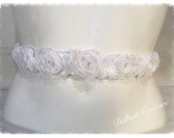 White Rose Flower Ribbon Belt, Sash waist 27”-31”
