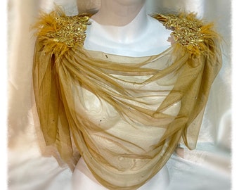 Amazing Grace Gold Tulle Cowl Neck top Shoulder Adornment. Grecian Goddess Sale item
