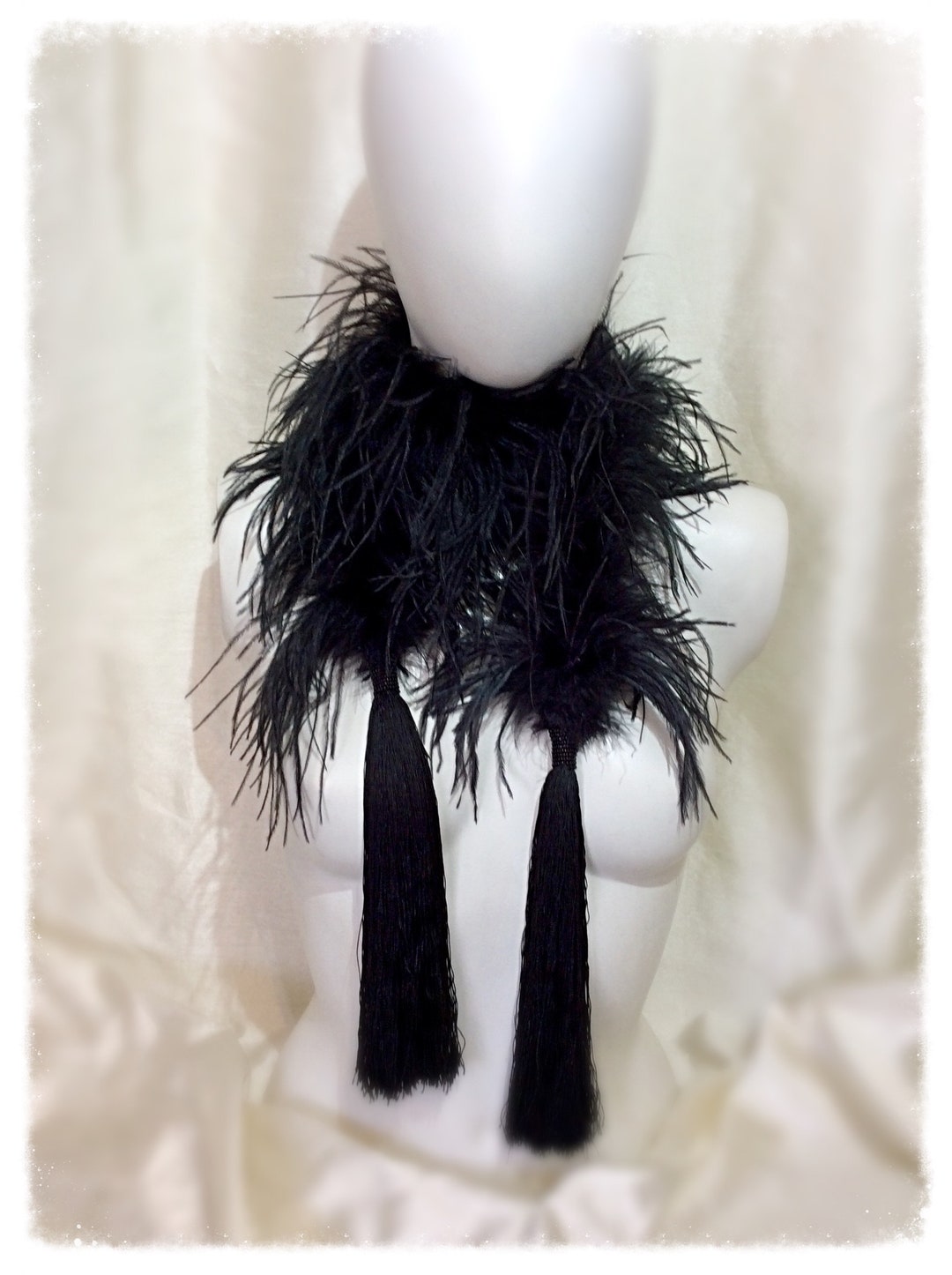 Vintage Ostrich Feather Boa 1920s 1930s Black With Long Silk Tassels