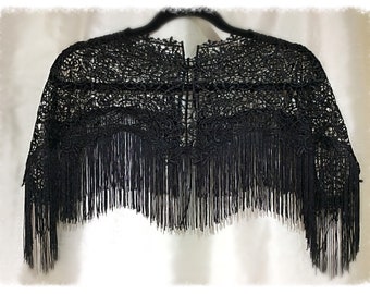 Black Lace and Fringe epaulettes, Shoulder cover, Black Fringe cape, Victorian Style, Statement Capulet Gothic