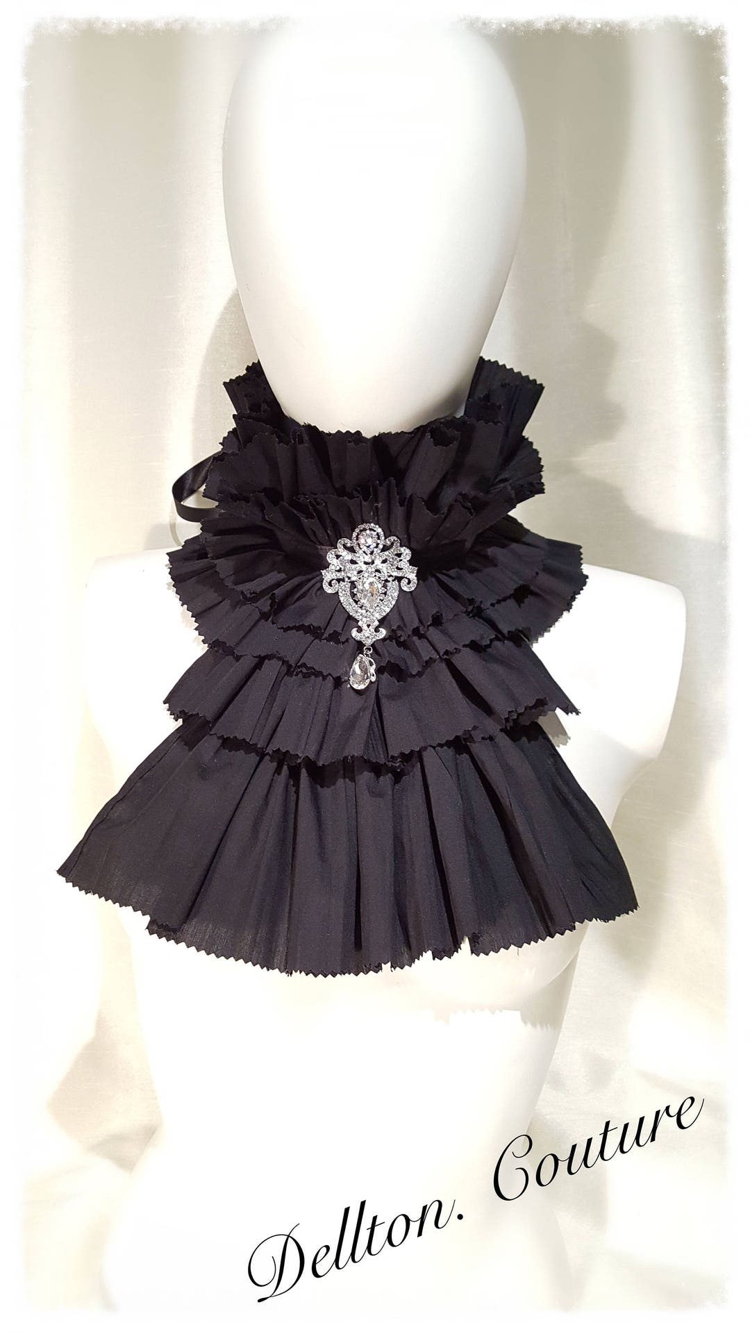 Black Taffita Jabot, Cravat, Ruffle, Frilly Collar Steampunk, Whitby