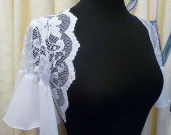 Chiffon and Lace White Frilly Sleeve Bridal, Wedding, Shrug Bolero Fits Size 32”-36” Chest