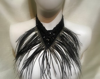 Black Beaded Lace & Ostrich Feather Collar, Victorian Gothic, Whitby,