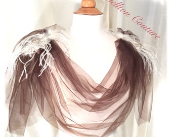 Coffee and Cream Amazing Grace shrug with Tulle and feather cowl neck Shoulder Adornment Grecian Goddess SALE ITEM