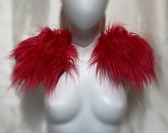 Epaulettes Red Soft Monster Faux Fur pin on your clothing Burning Man, Festival,