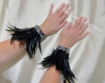 Black Feather & Silver Sequin Pair of Feather Wristlets, Feather gauntlets,  Gothic, Halloween. Whitby goth, Cosplay, Feather bracelets