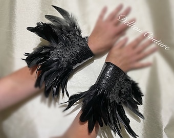 Black Feather Sequin Cuffs: Gothic Halloween Wristlets