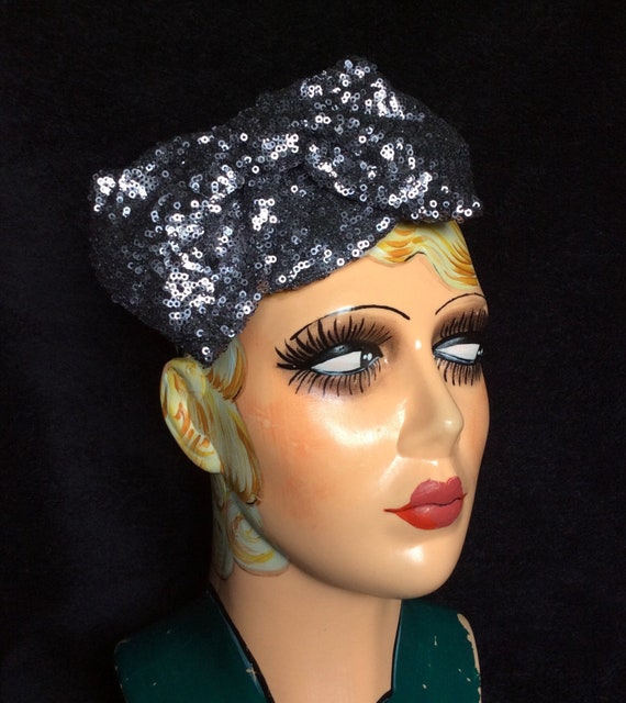 Gunmetal Silver Grey Dolly Sequin Bow Fascinator Cocktail  display picture 3