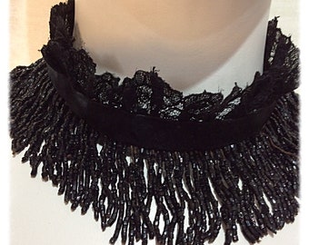 Antique original Victorian Jet beaded Necklace Choker or Headband antique Black French Lace Silk