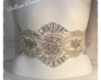 Gold Sequin and  Ivory Tulle Lace Sash, Belt, Vintage Style