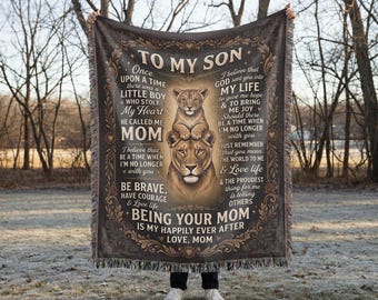 To My Son Lion Mom Throw Blanket, Woven Cotton Mother Son Blanket, Personalized Mom to Son Gift, Birthday Keepsake