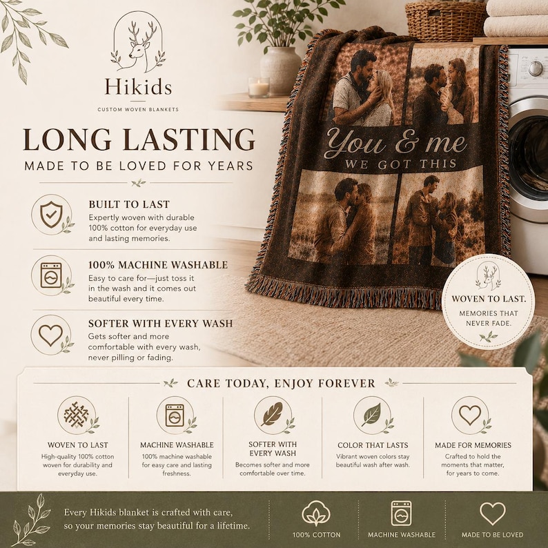 May include: A custom woven cotton blanket featuring a four-panel photo collage of couples with the text "You & me WE GOT THIS". The blanket has a fringed edge and displays care instructions including "100% MACHINE WASHABLE" and "WOVEN TO LAST".
