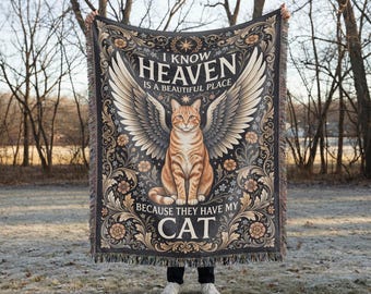 Heaven Has My Cat Memorial Throw Blanket, Woven Cotton Cat Remembrance Gift, Loss of Cat Sympathy, Personalized