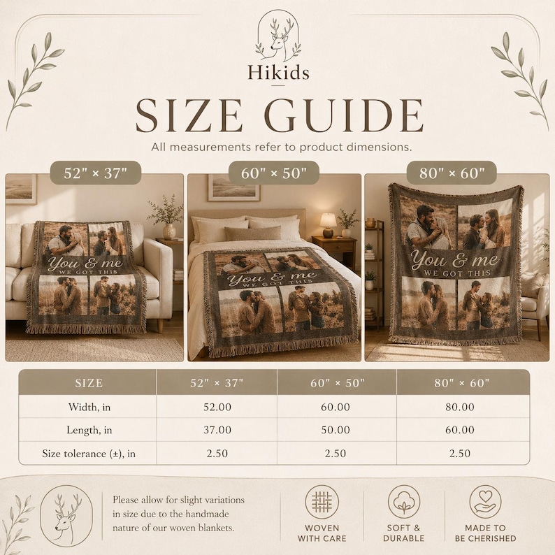 May include: A size guide for woven blankets by Hikids featuring three photo collage blankets with the text You & me we got this. The chart displays dimensions of 52 inches by 37 inches, 60 inches by 50 inches, and 80 inches by 60 inches.
