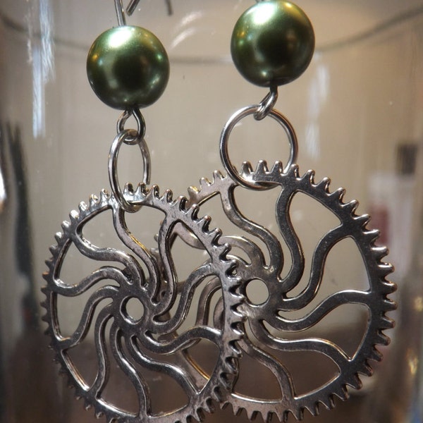 Green pearl earrings with silver gear drops, fantasy jewelry, goth jewelry, industrial jewelry, steampunk jewels