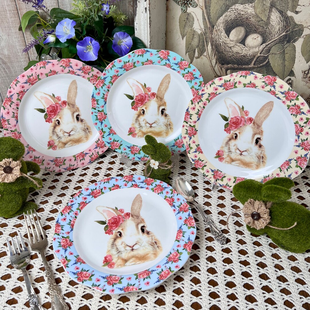 Floral Bunny Scalloped Edge Salad Plates by Elegance Set of 4 Multi