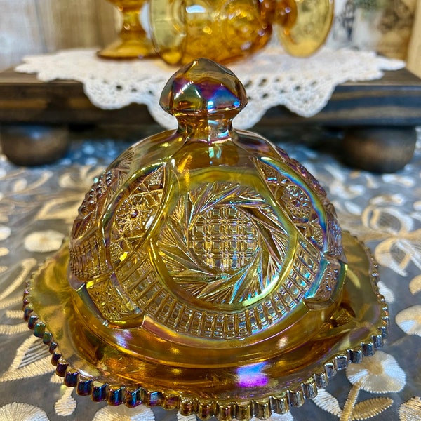 Sunburst Pinwheel & Hobstar Contemporary Gold Amber and Crystal Carnival Glass Covered Butter Dish