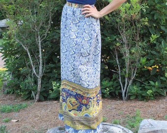 1960s Nelly de Grab Blue Cotton Floral Maxi Skirt with Red-Eyed Dragons and Gold Trim