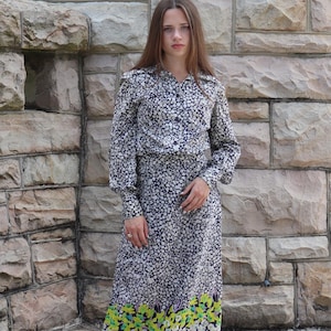 1970s Malcolm Starr Long Sleeved Blouse & Maxi Skirt Set - Navy with White Flowers, Dagger Collar