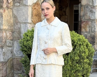 1960s Ivory 3 Piece Silk Suit -  Skirt, Blouse, & Jacket - Cocktail or Wedding Ensemble