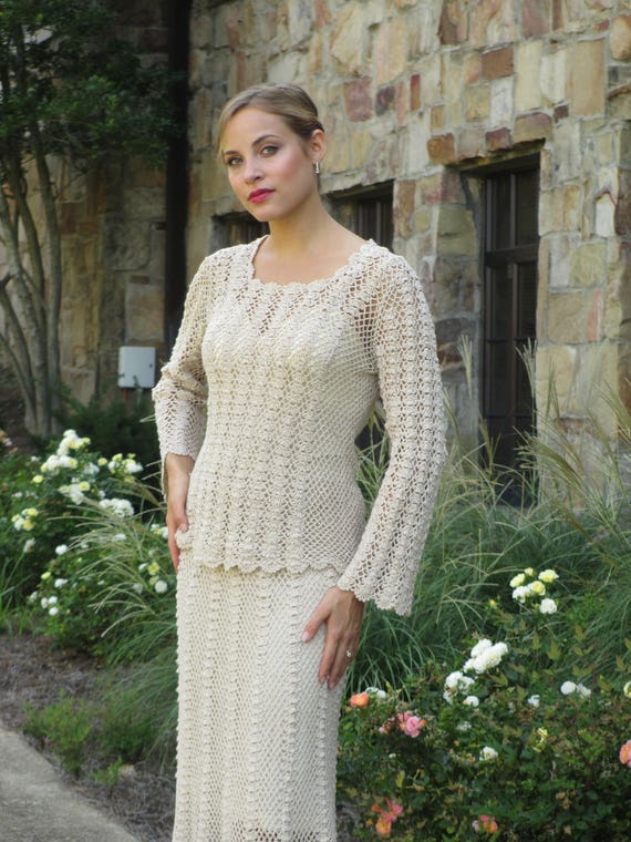 1960s 1970s Crochet Hand Crocheted Skirt & Blouse