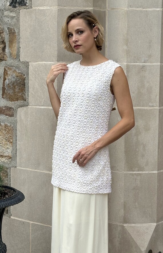 1950s 1960s Saks 5th Avenue Ivory White Hand Beaded Cocktail Tunic  Mini-dress